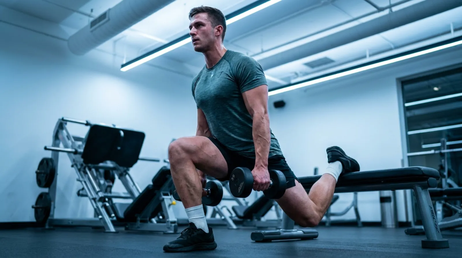 Man performing a Bulgarian split squat in a high-rep hypertrophy range for quads and hamstrings