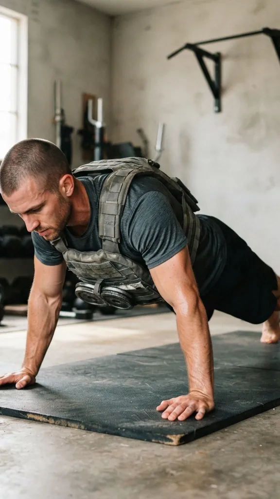 Man doing weighted reverse lunges wearing an olive-green weighted vest outdoors at golden hour