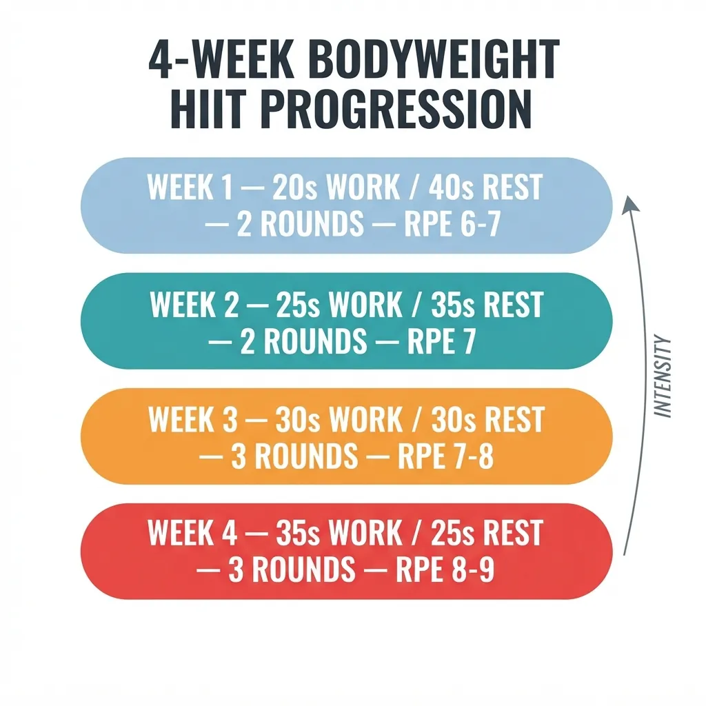 4-week bodyweight HIIT workout plan progression chart showing work/rest intervals, rounds, and RPE targets by week