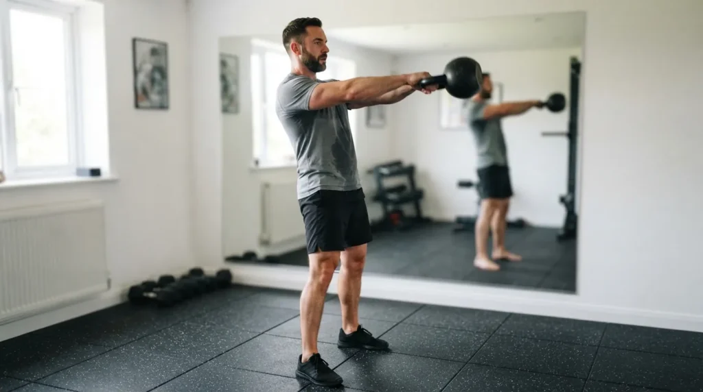 Man performing a two-hand kettlebell swing at full hip extension in a gym — kettlebell workouts