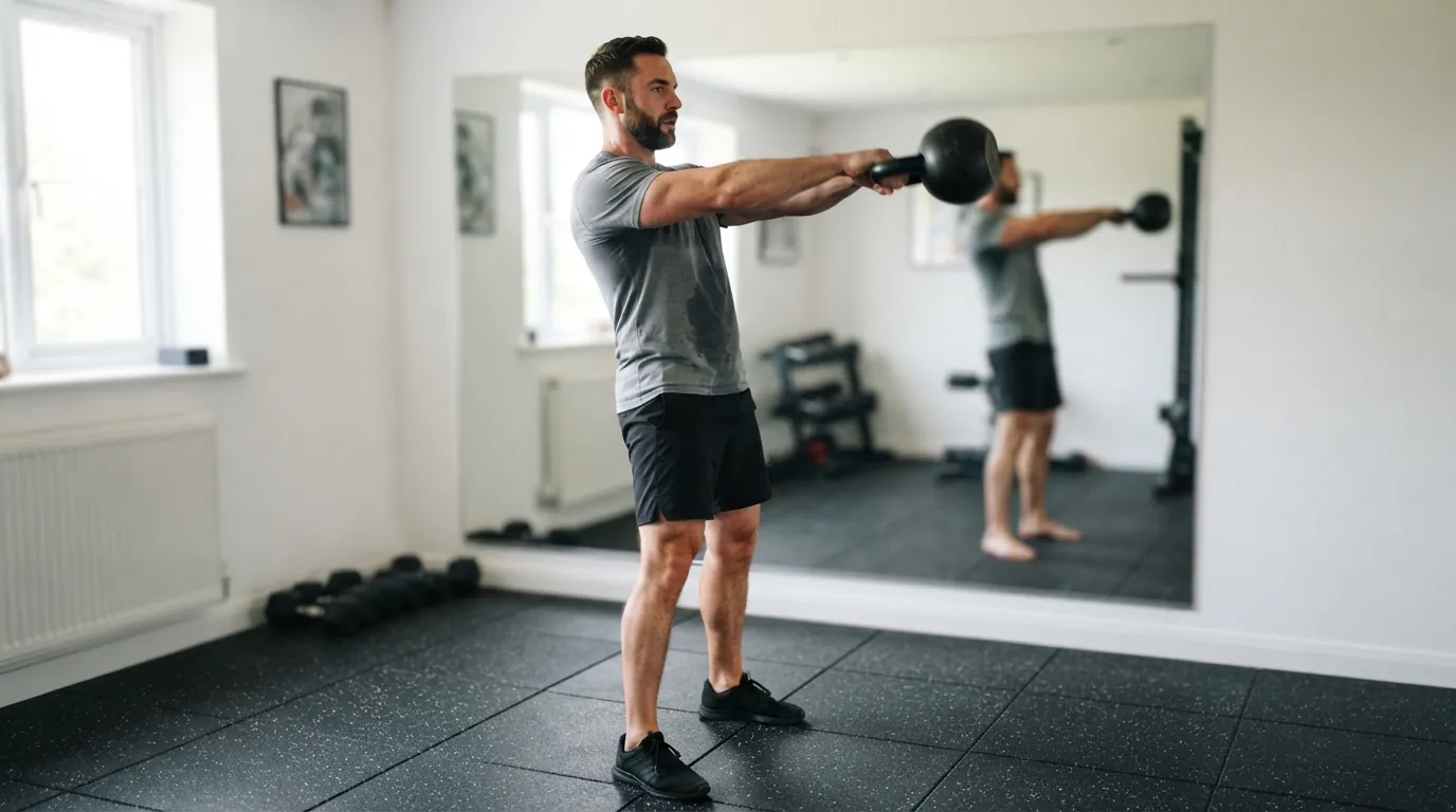 Man performing a two-hand kettlebell swing at full hip extension in a gym — kettlebell workouts