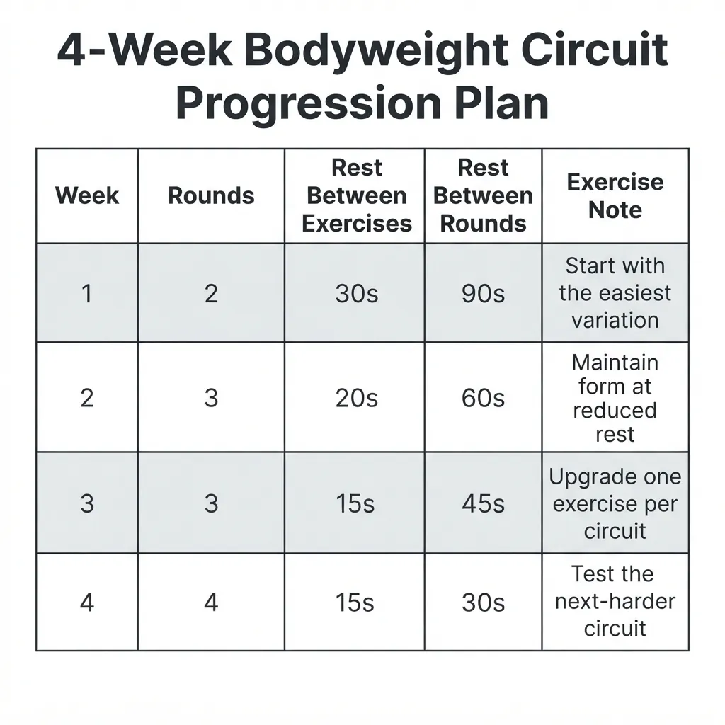 infographic table of the 4-week bodyweight circuit training progression plan by week, rounds, and rest