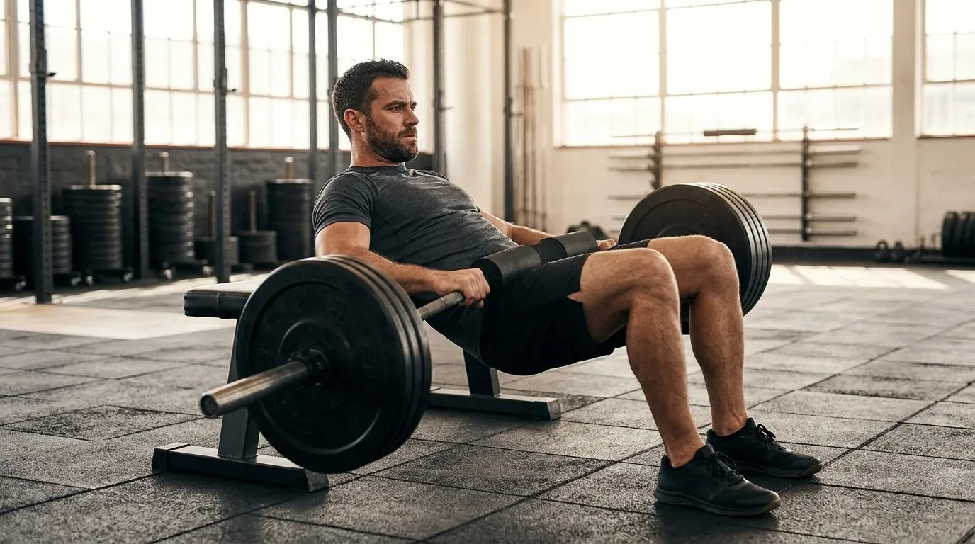 Man performing the world's greatest stretch on a gym floor as part of a workout mobility routine