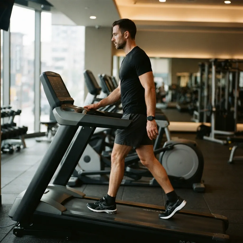 Man using heart rate zones for working out during Zone 2 incline treadmill walking