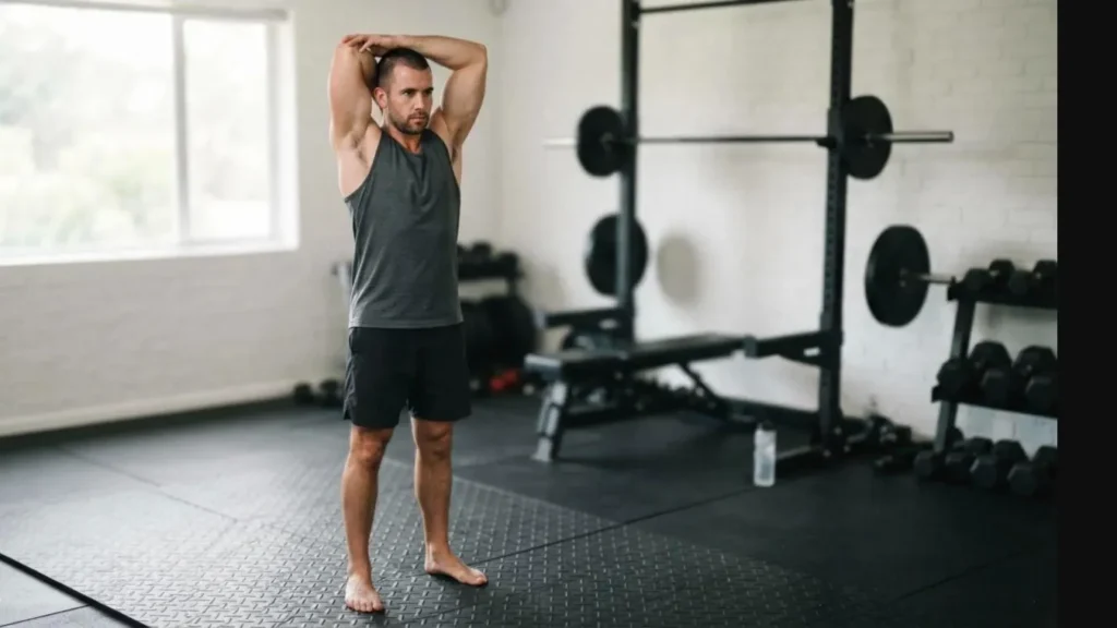 Man demonstrating the overhead triceps stretch, one of the best arm stretches for flexibility