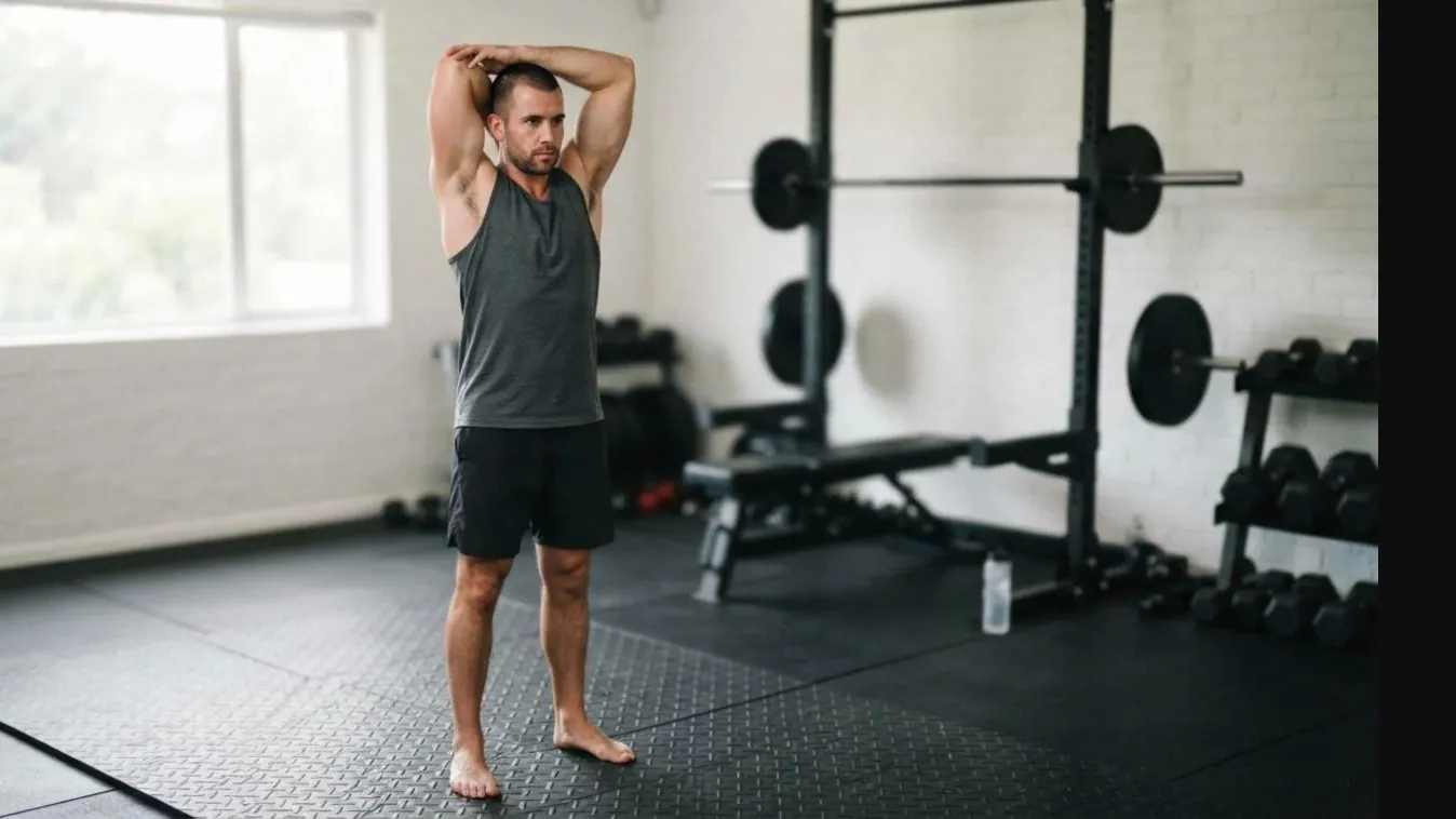 Man demonstrating the overhead triceps stretch, one of the best arm stretches for flexibility