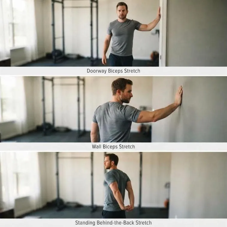 Three biceps stretches compared: doorway, wall, and standing behind-the-back biceps stretch