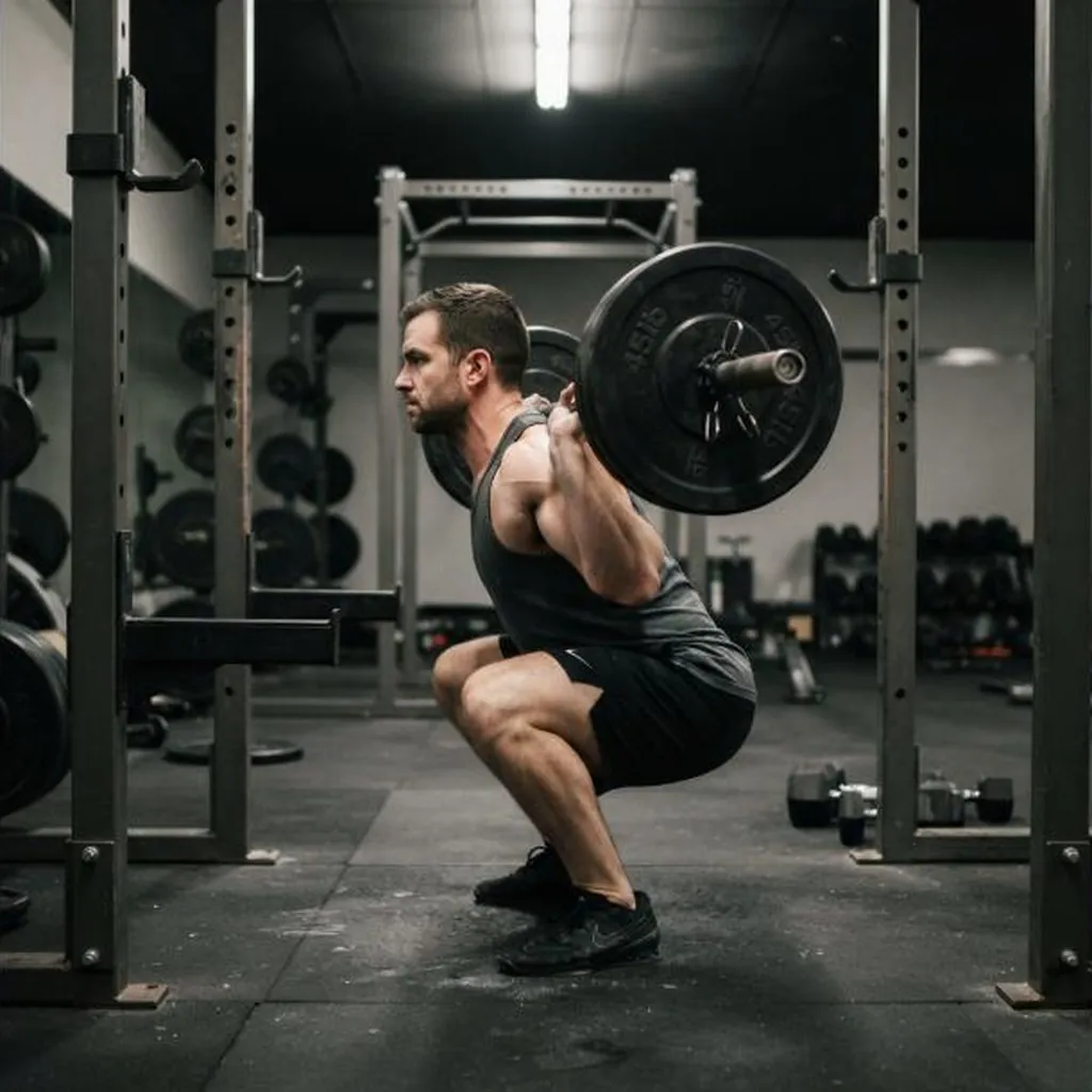 Man performing a barbell squat while tracking heart rate zones for working out