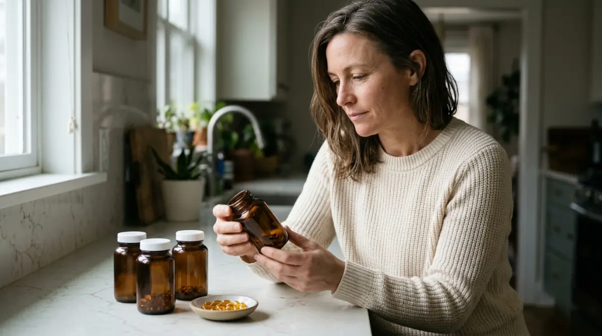 Woman in her 40s turning an unlabeled amber supplement bottle at a bright kitchen counter while choosing perimenopause supplements
