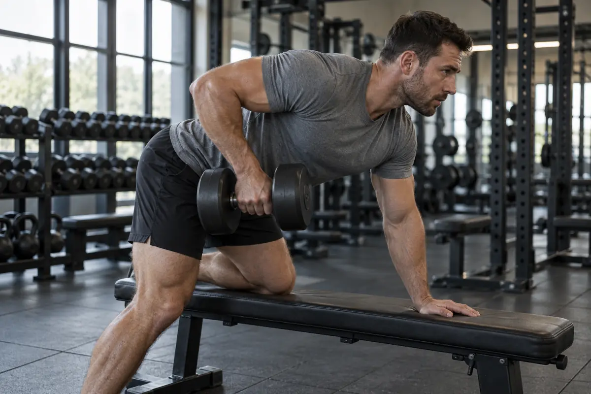Man performing a one-arm dumbbell row showing the dumbbell row muscles worked