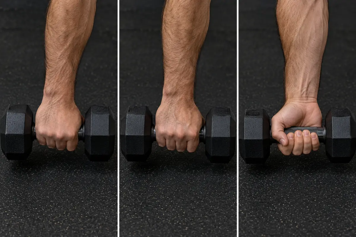 Three dumbbell row muscles worked grip positions showing neutral pronated and supinated grips