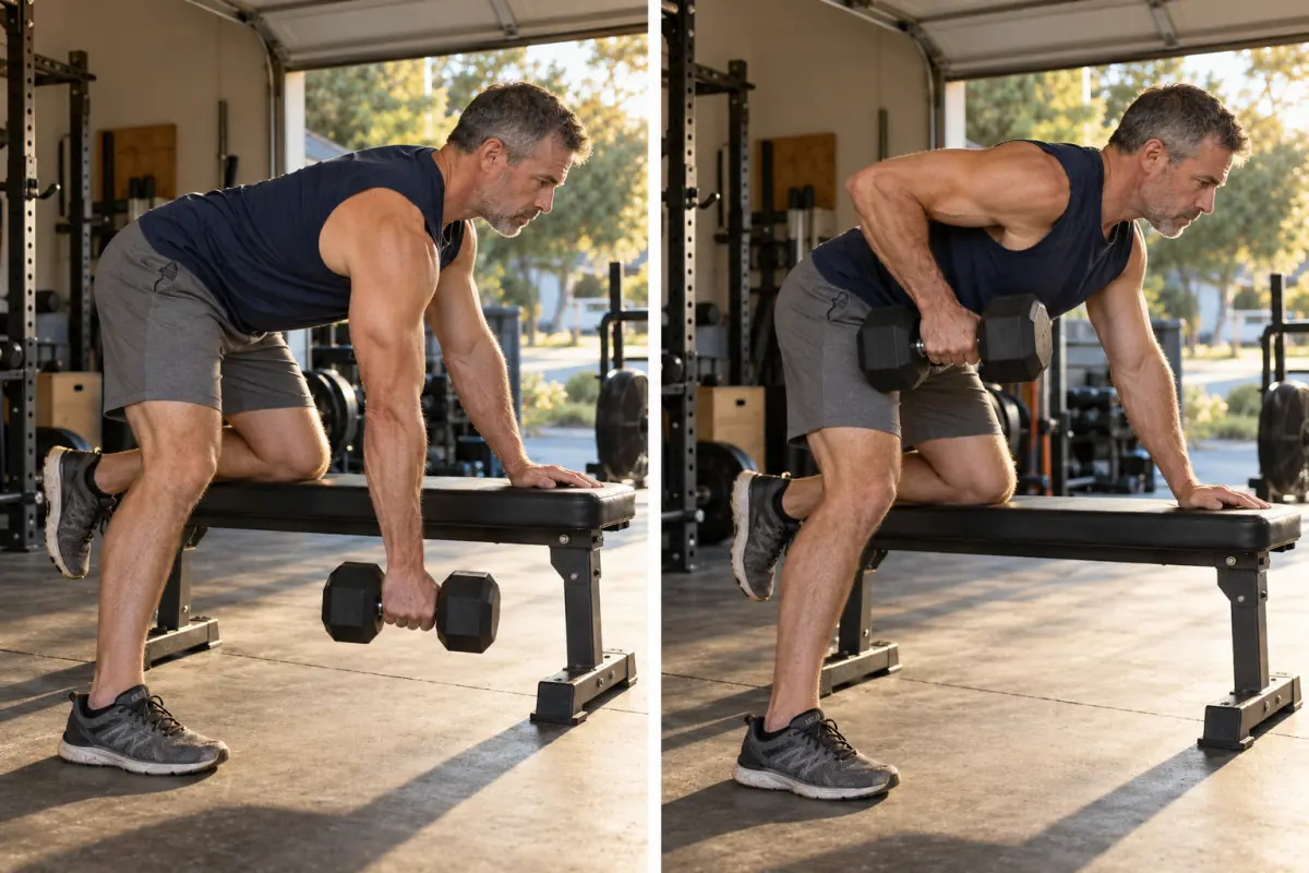 Man doing a chest-supported dumbbell row highlighting dumbbell row muscles worked on an incline bench