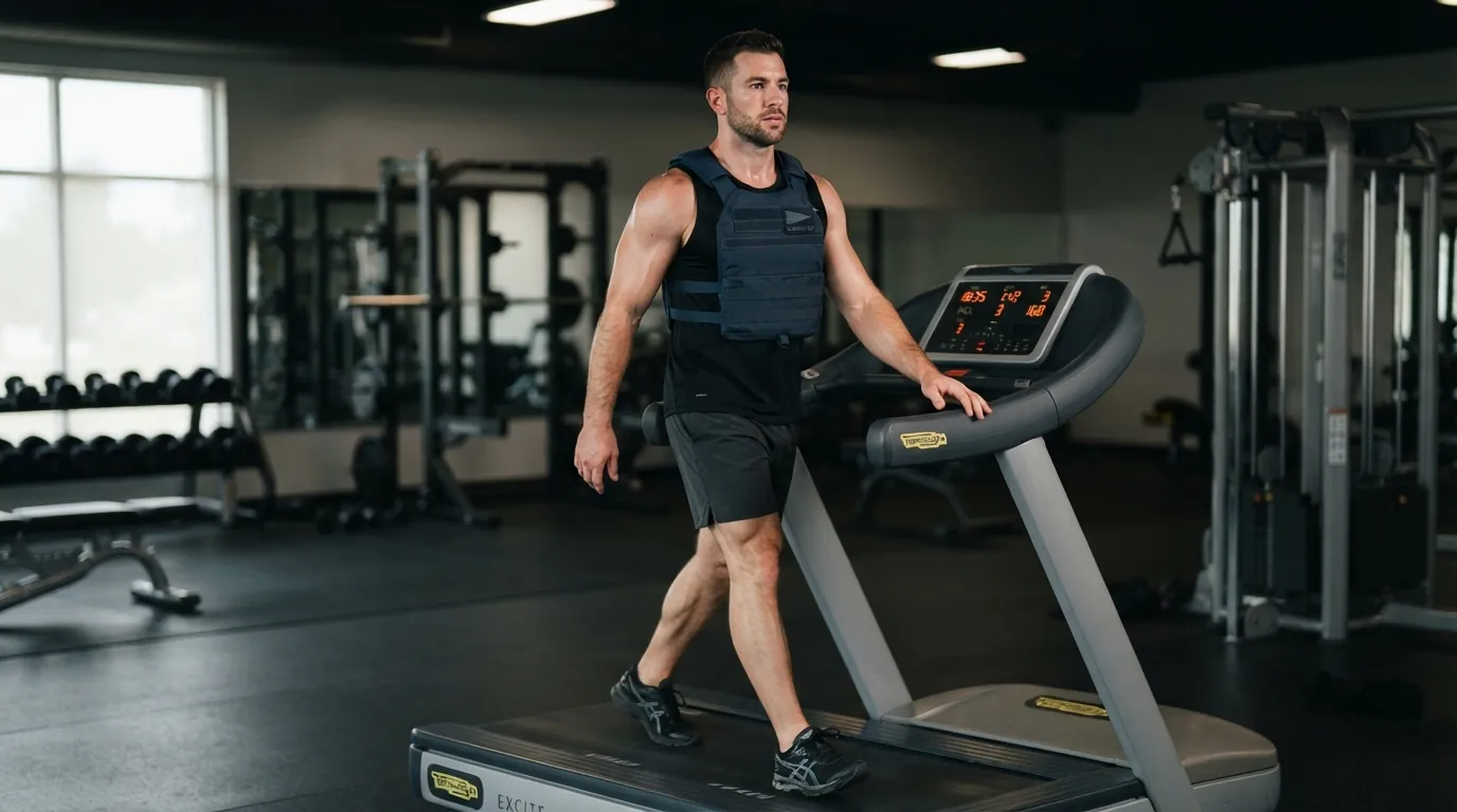 Man walking on a treadmill wearing a weighted vest in a gym