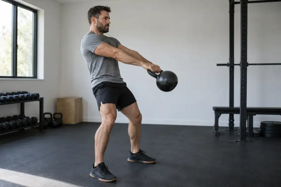 Man performing a two-hand kettlebell swing in a home gym – full body kettlebell workout