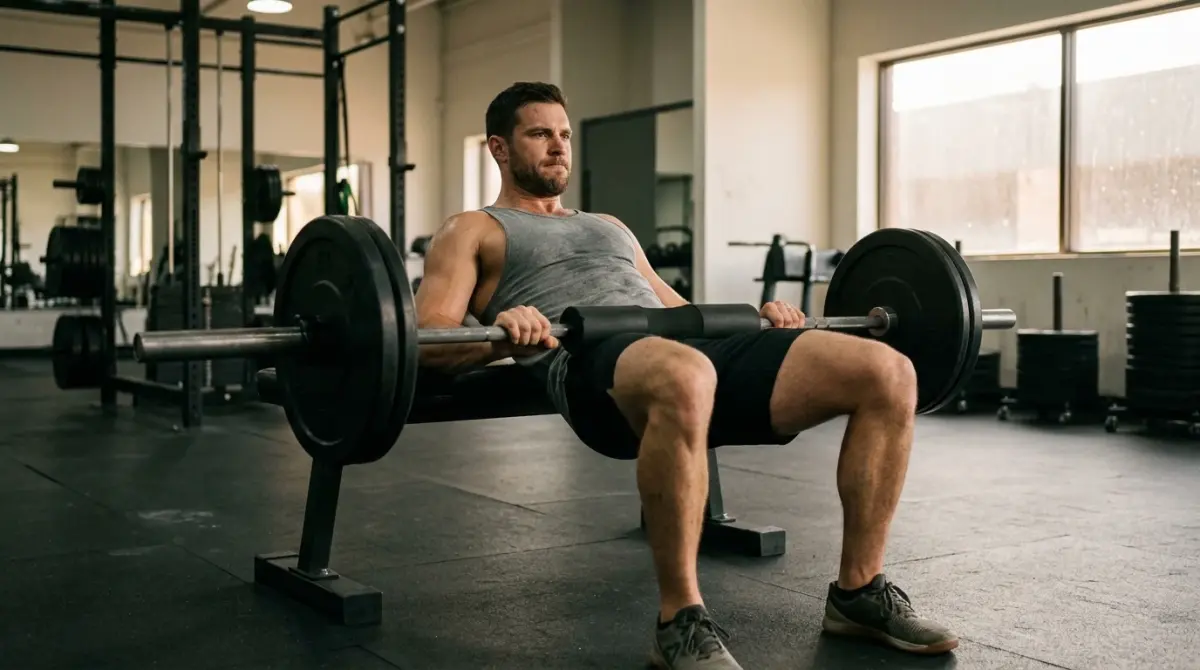 Man performing a barbell hip thrust with loaded plates on a bench in an empty gym
