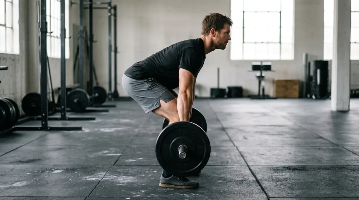 Side view of a man performing a barbell Romanian deadlift, a key glute exercise for men