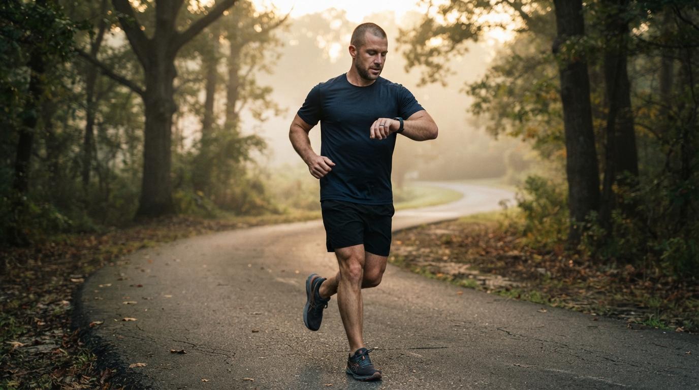 Man checking his fat burning heart rate on a wrist monitor while jogging outdoors