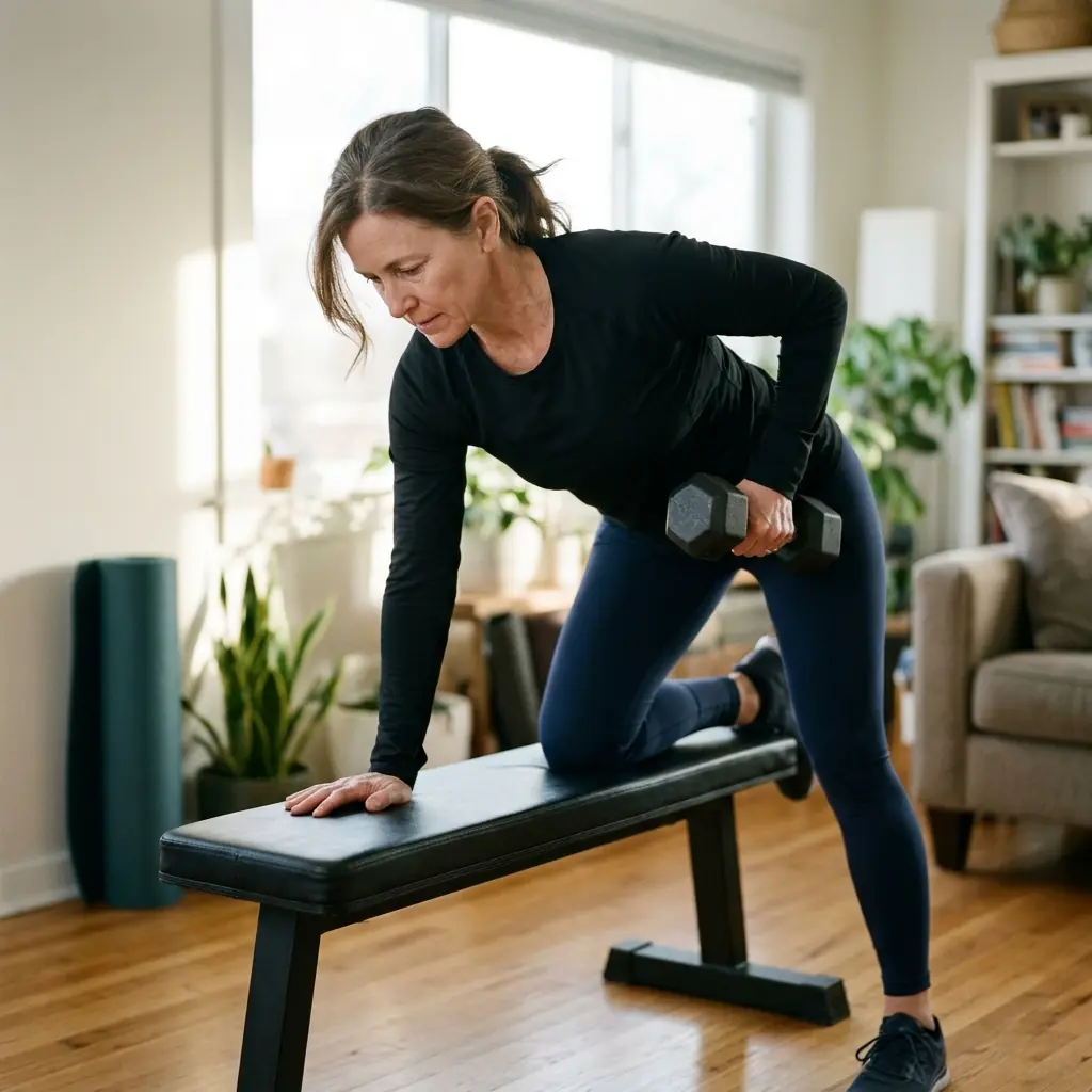 Woman in her late 40s performing a dumbbell row at home for strength training during menopause