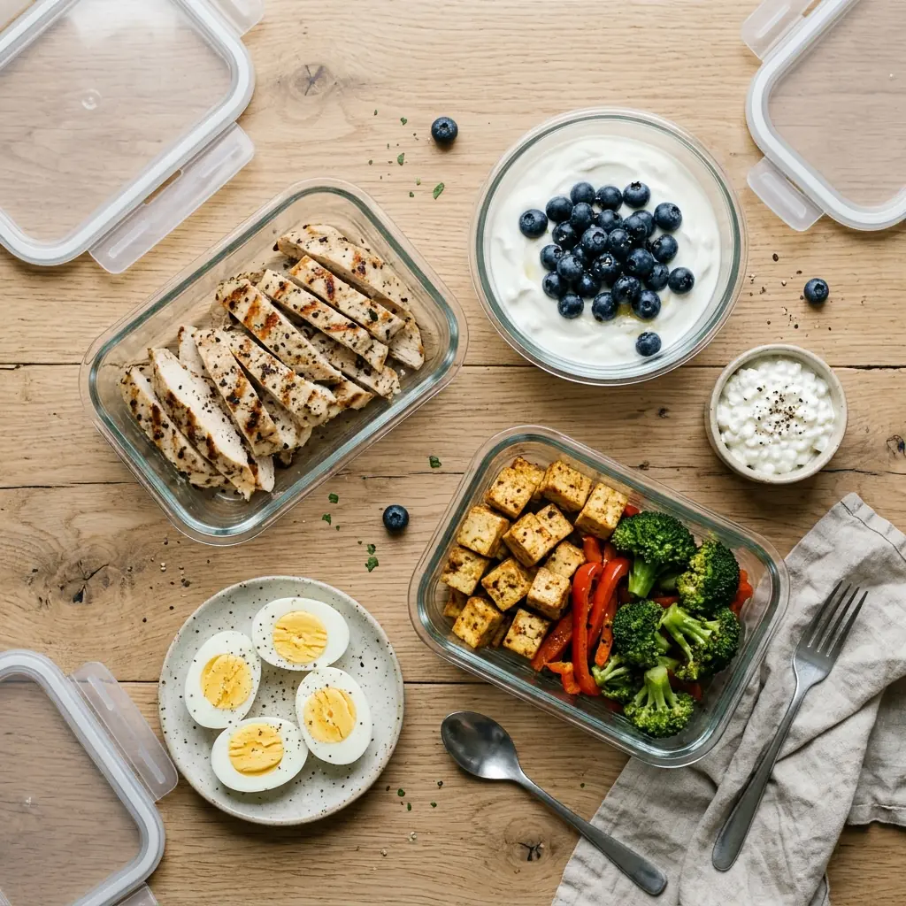Healthy meal prep with grilled chicken, tofu and vegetables, Greek yogurt, and eggs for menopause nutrition