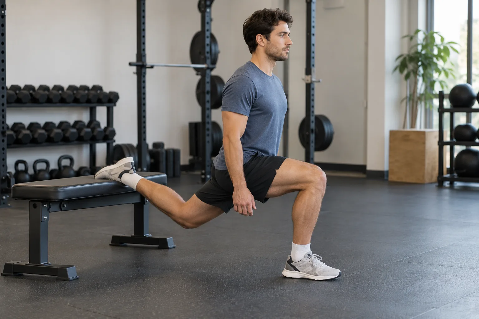 Adult man performing a Bulgarian split squat with his rear foot on a stable bench and front foot flat.