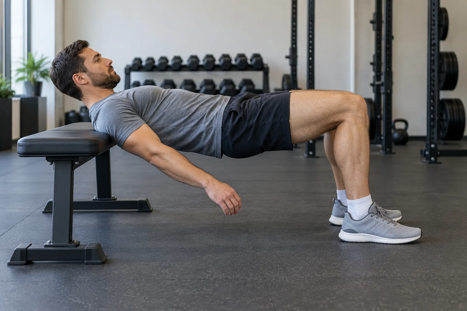 Adult man at the top of an elevated glute bridge, with upper back on a bench and both feet flat on the floor.