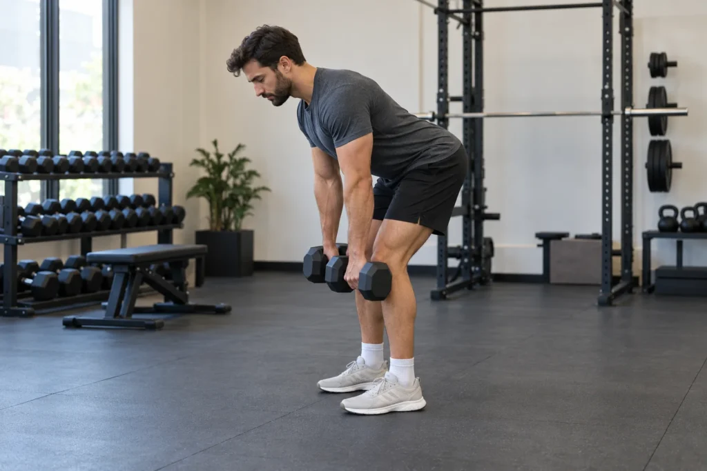 Adult man performing a dumbbell Romanian deadlift in a gym, hinging at the hips with the weights close to his legs.