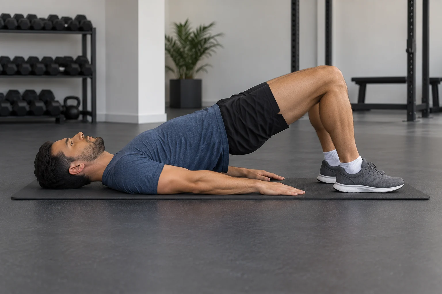 Lower glute exercises example: adult man at the top of a bodyweight floor glute bridge, with shoulders on a mat, knees bent, and feet flat.