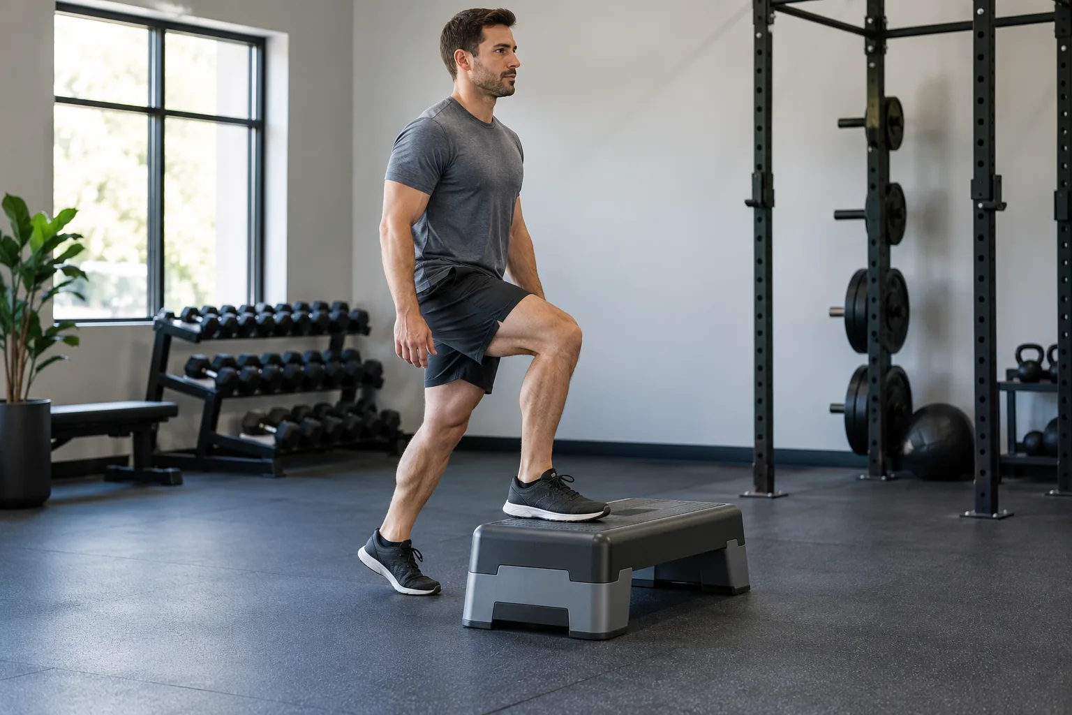 Adult man stepping onto a low, stable platform with one foot planted and the other foot leaving the floor.