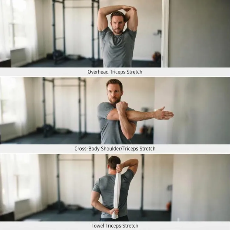 Three triceps stretches compared: overhead, cross-body, and towel triceps stretch
