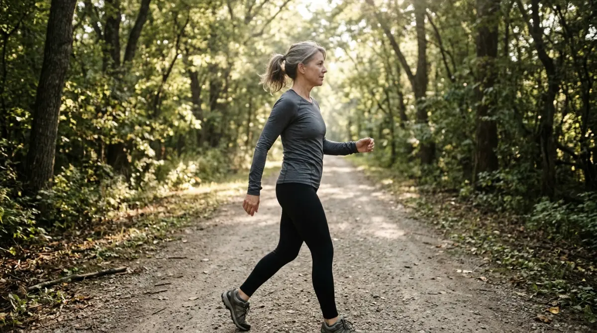 Woman in her 50s walking briskly along a tree-lined path in full-length activewear, part of a plan to get rid of menopause belly