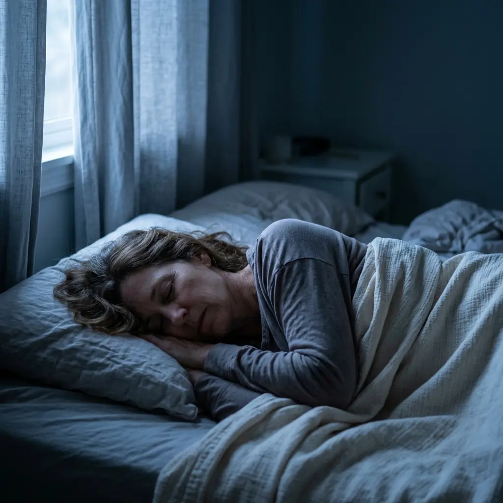 Woman in her 50s sleeping on her side under a light blanket in a cool, dim bedroom, wearing a long cotton top