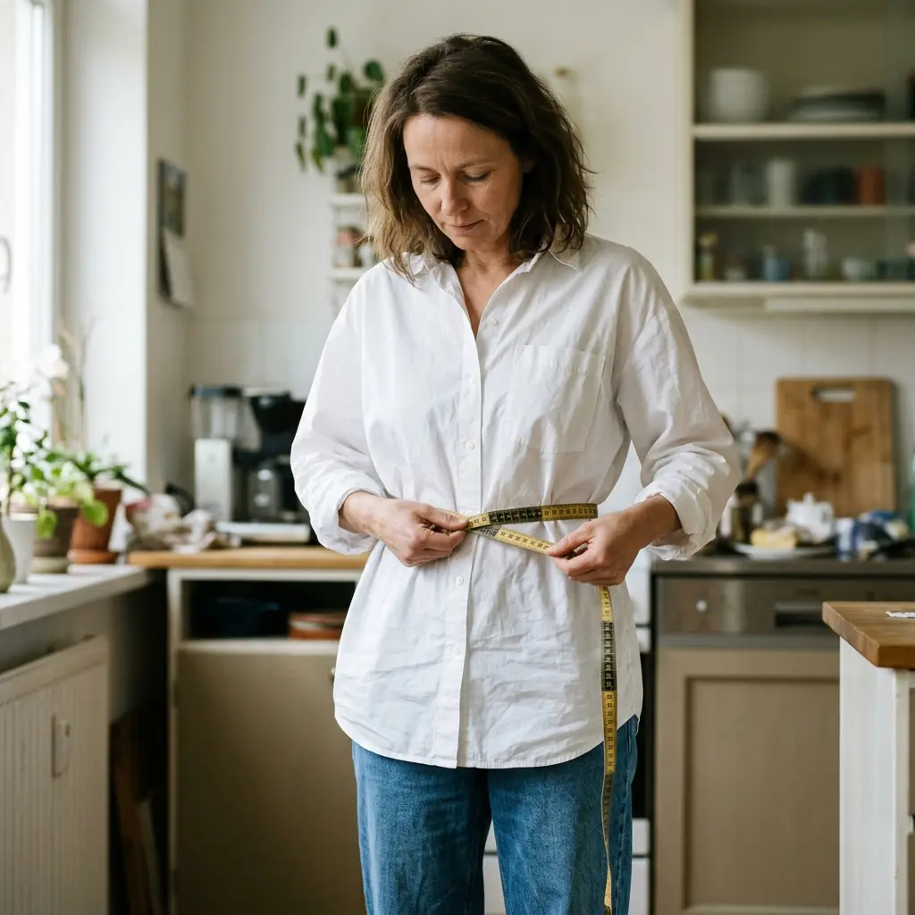 Woman in her late 40s measuring her waist with a flexible tape measure over a loose top