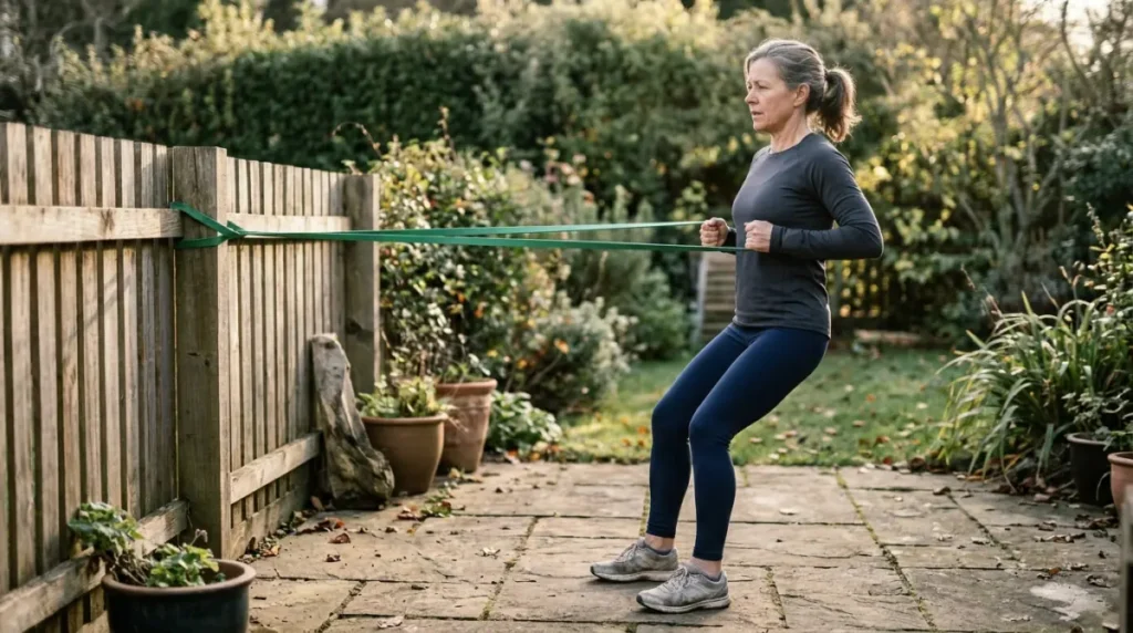 Woman in her early 50s doing a standing resistance-band row on a sunny back patio, part of strength training as a natural menopause treatment