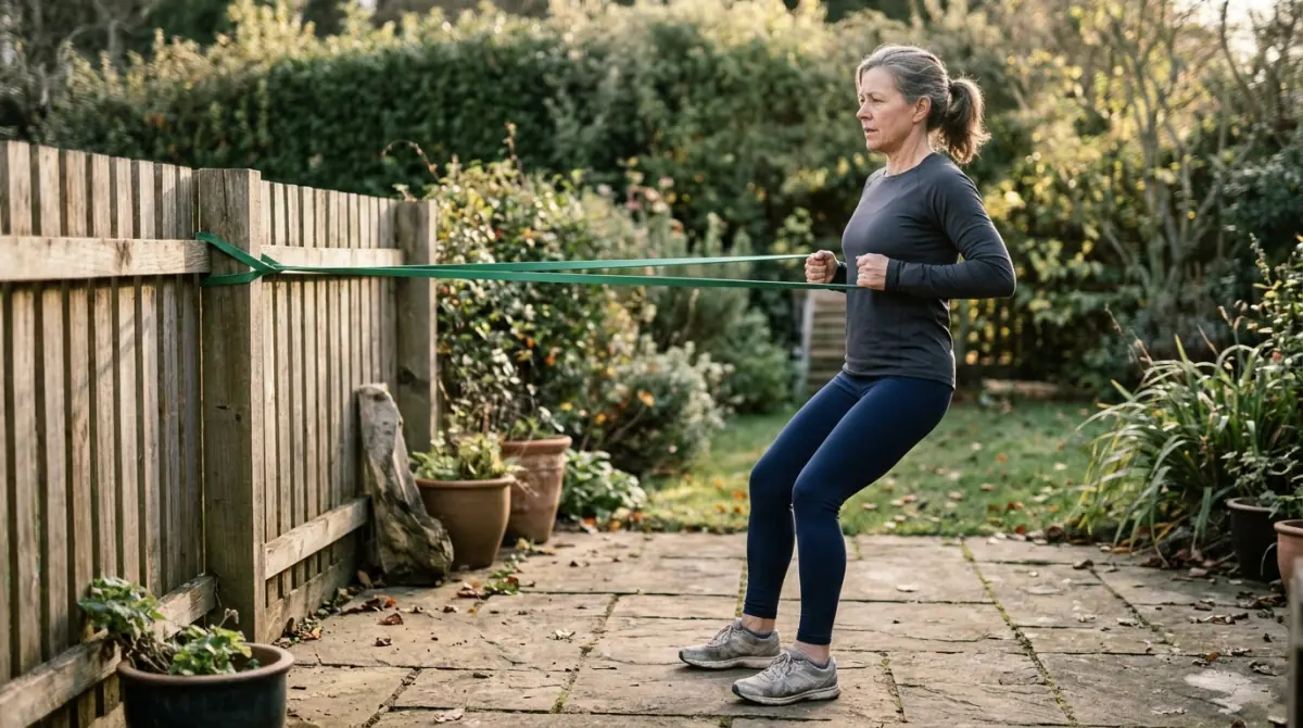 Woman in her early 50s doing a standing resistance-band row on a sunny back patio, part of strength training as a natural menopause treatment