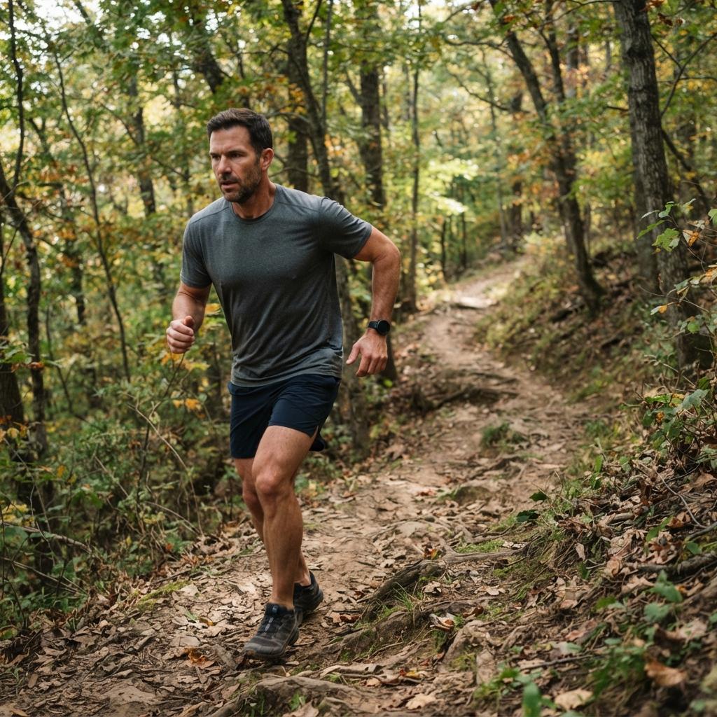 Man brisk walking uphill on an inclined trail to reach his fat burning heart rate zone