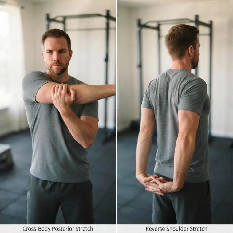 Two shoulder-adjacent arm stretches compared: cross-body posterior stretch and reverse shoulder stretch