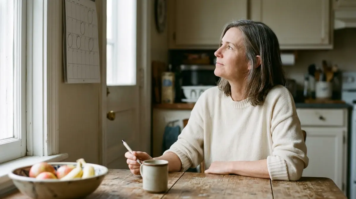 Woman in her late 40s checking a wall calendar at her kitchen table, tracking which stage of perimenopause, menopause or postmenopause she is in