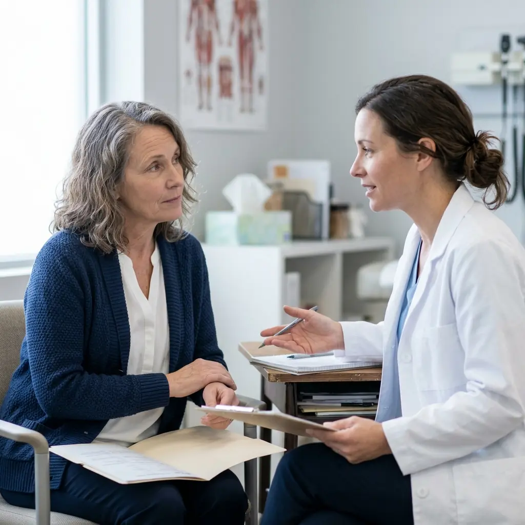 Woman discussing perimenopause vs menopause stages with a healthcare provider
