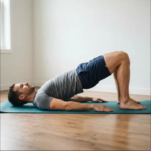 Glute bridge form, beginner glute exercises at home with neutral spine at the top