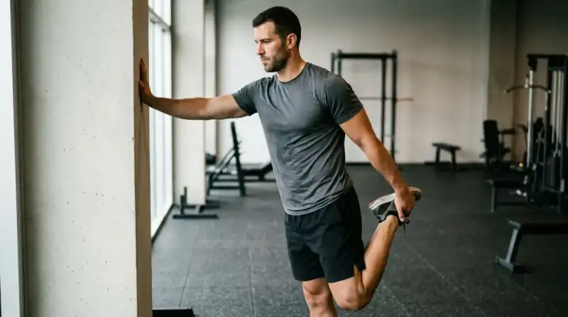 Man performing a standing quad stretch, one of the best thigh stretches for flexibility