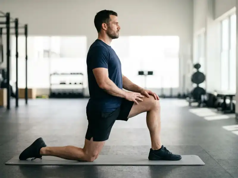Man performing a kneeling hip flexor stretch, an effective thigh stretch for the front of the thigh