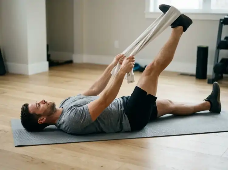 Man performing a supine hamstring stretch with a towel, a key thigh stretch for the back of the thigh
