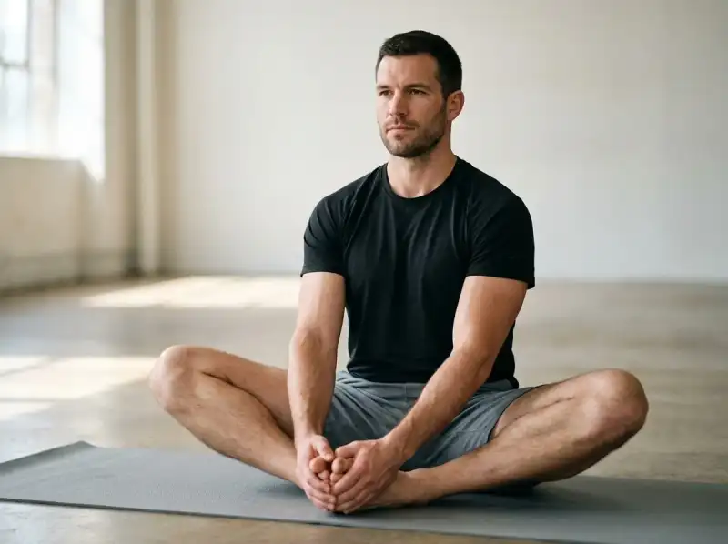 Man performing a seated butterfly stretch, one of the best thigh stretches for the inner thighs