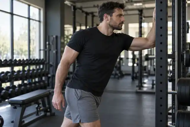 Man stretching his chest against a squat rack upright – upper body stretches