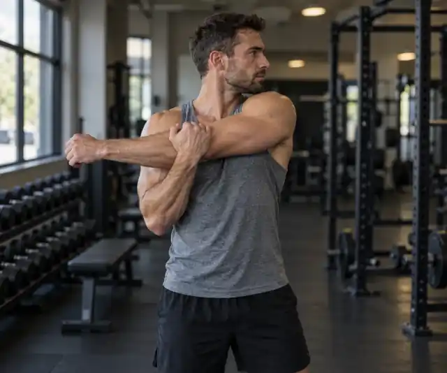 Man performing a cross-body shoulder stretch in a gym – upper body stretches