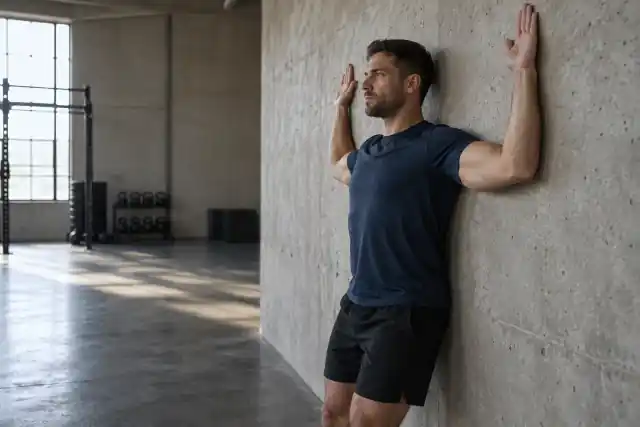 Man doing a wall slide with his back against a wall – upper body stretches