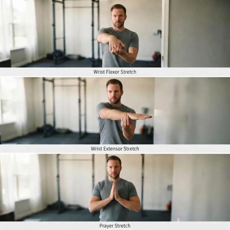 Three forearm and wrist stretches compared: wrist flexor, wrist extensor, and prayer stretch