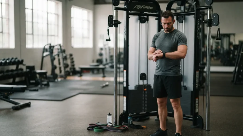 Man checking his watch while using heart rate zones for working out