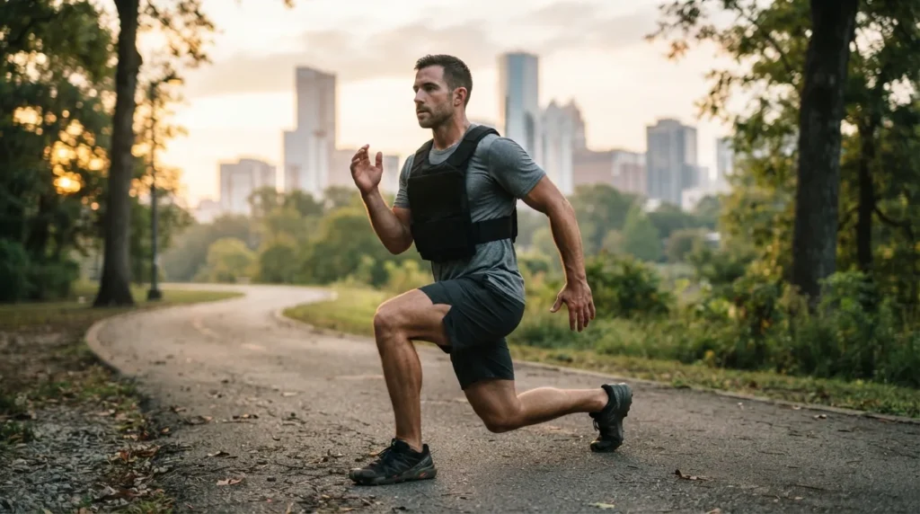 Weighted vest benefits demonstrated by an adult man performing an outdoor lunge