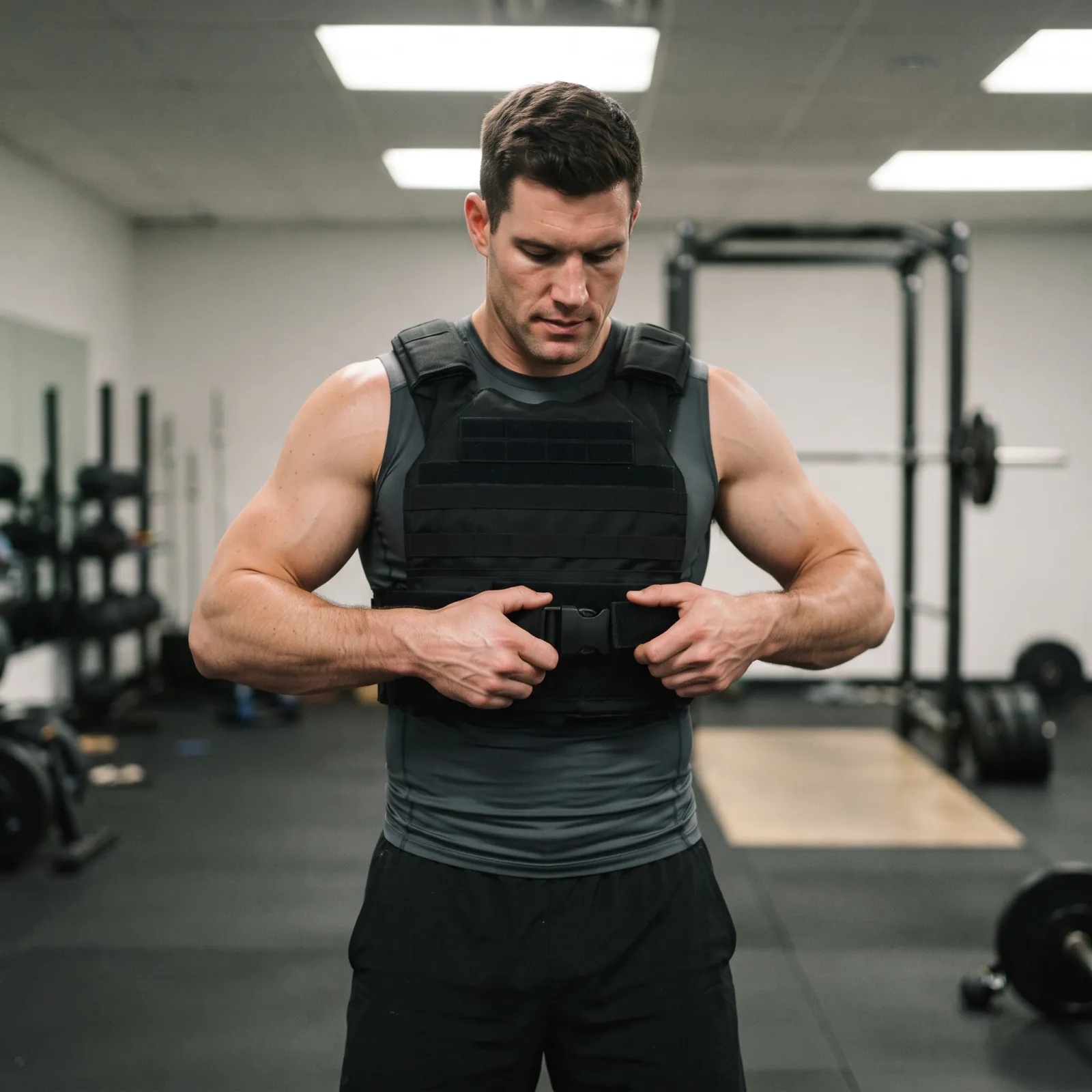 Weighted vest benefits safety setup with an adult man adjusting vest straps